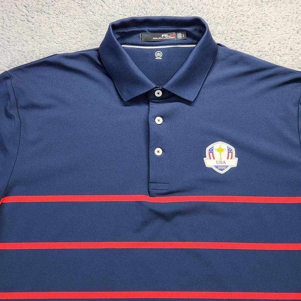 RLX Ralph Lauren Ryder Cup USA 2020 Golf Shirt Polo Mens Large Blue Red Striped